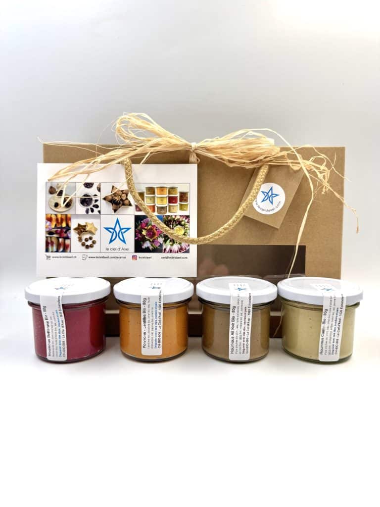 Coffret avec les 4 tartinades best-seller : houmous betterave, poivrons grillés, houmous ail noir et houmous au cumin