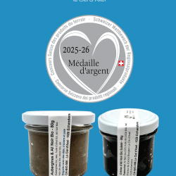 visuel présentant les 2 produits médaillés: Aubergines & Ail Noir et Crème d'Ail Noir Bio Suisse
