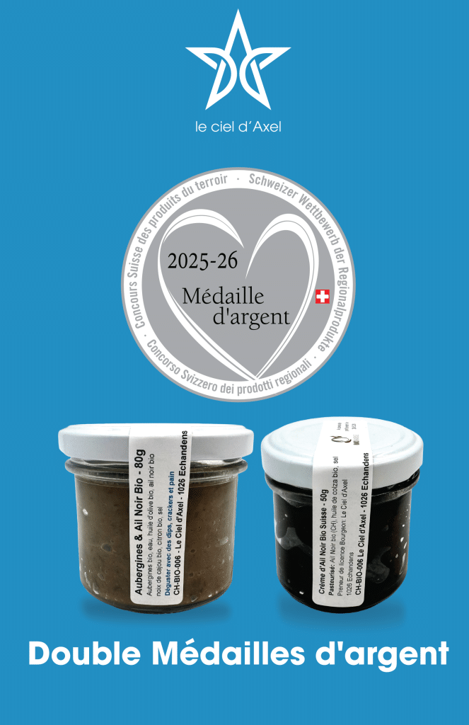 visuel présentant les 2 produits médaillés: Aubergines & Ail Noir et Crème d'Ail Noir Bio Suisse